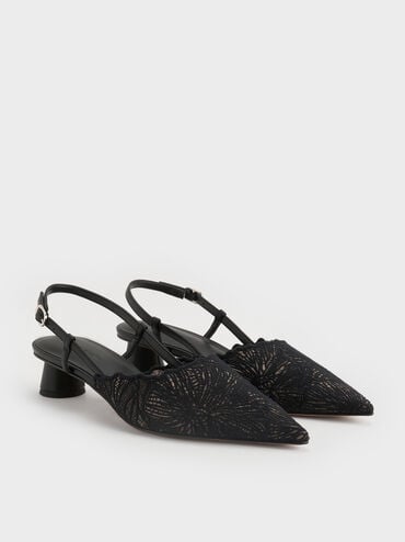 Crochet Floral Pointed-Toe Slingback Pumps, Black Textured, hi-res