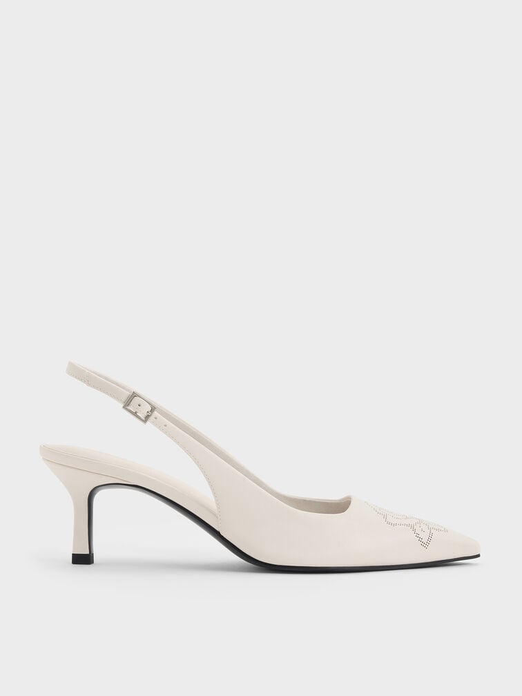 Perforated Rose Pointed-Toe Kitten-Heel Slingback Pumps, Chalk, hi-res
