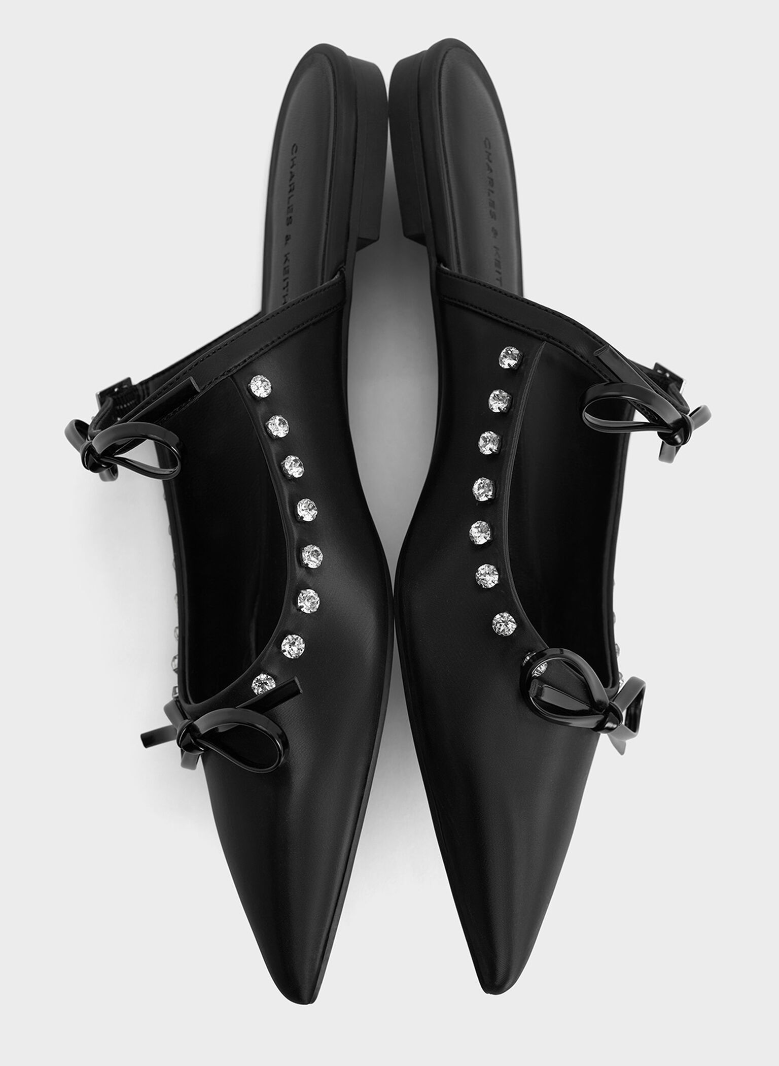 Gem-Embellished Double-Bow Pointed-Toe Mules, Black, hi-res