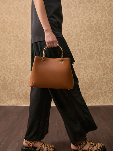 Leather Ring-Handle Bag, Cognac, hi-res
