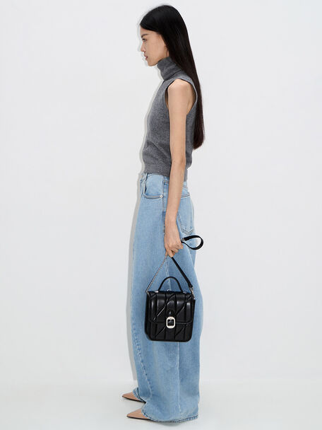 Lin Quilted Belted Backpack, Noir, hi-res