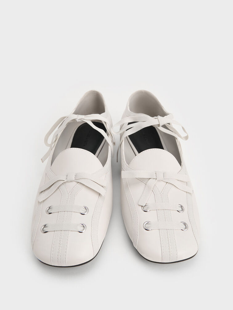 Lace-Up Bow Ballet Flats, White, hi-res