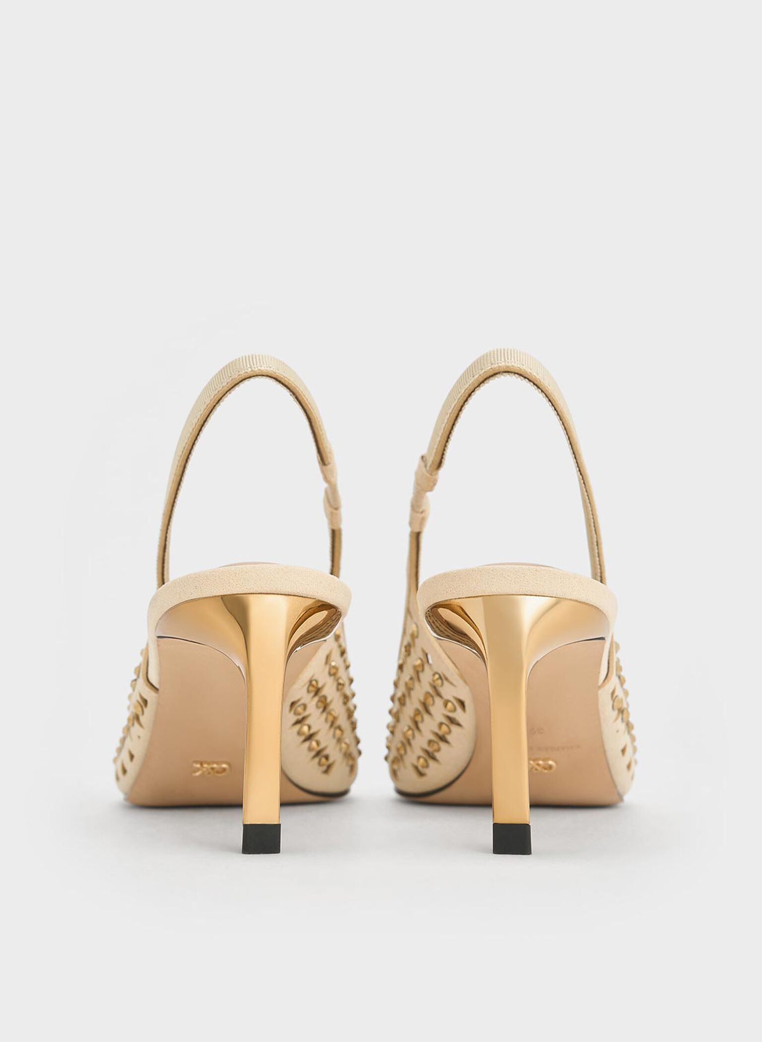 Studded Cut-Out Kitten-Heel Slingback Pumps, Cream, hi-res