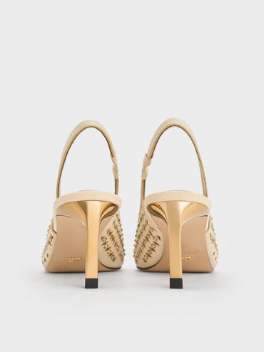 Studded Cut-Out Kitten-Heel Slingback Pumps, Cream, hi-res