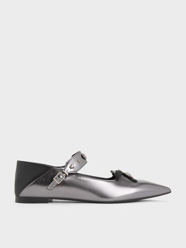 Studded Heart-Embellished Pointed-Toe Mary Janes, Pewter, hi-res