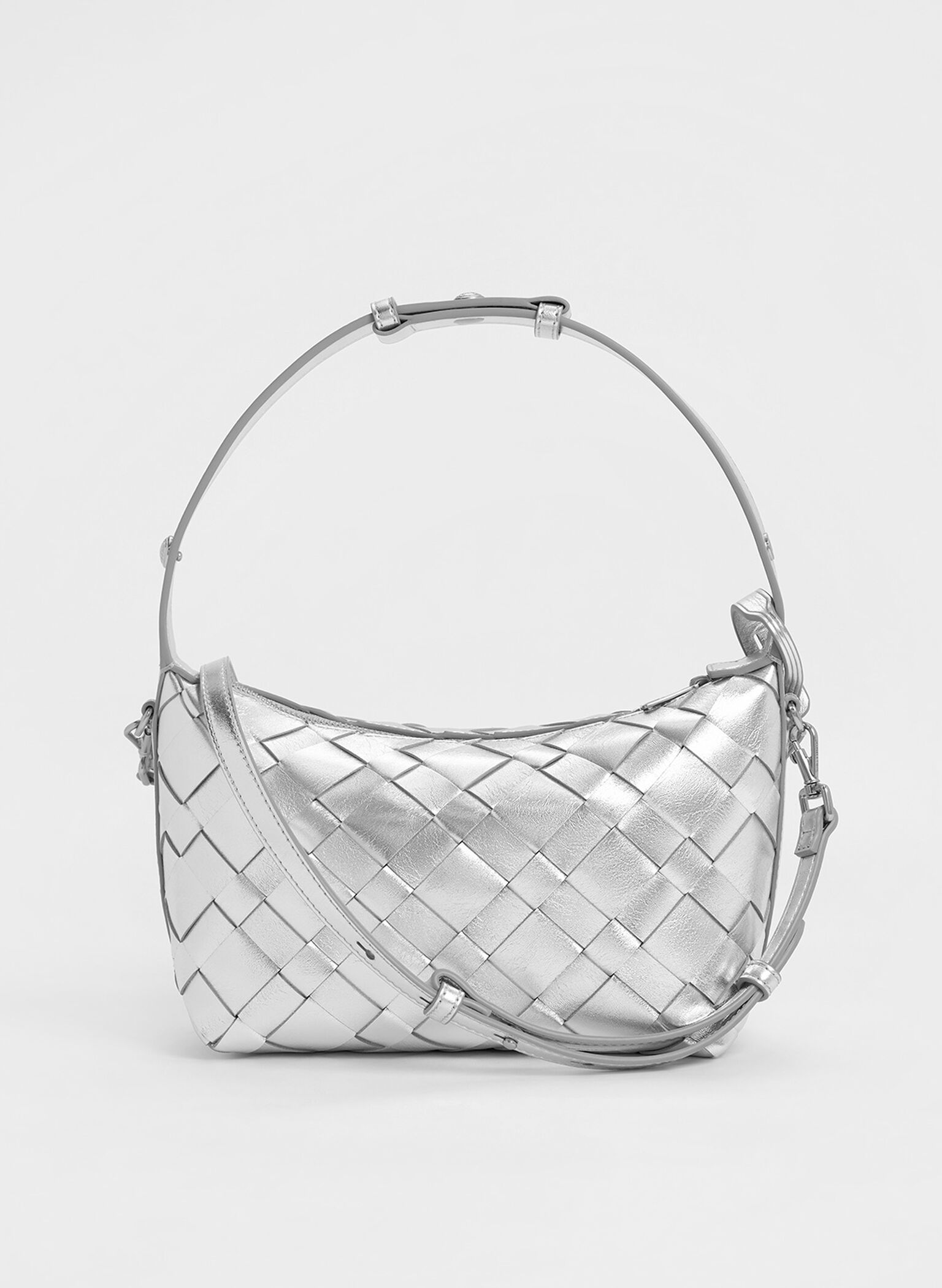 Ivette Metallic Woven Shoulder Bag, Silver, hi-res