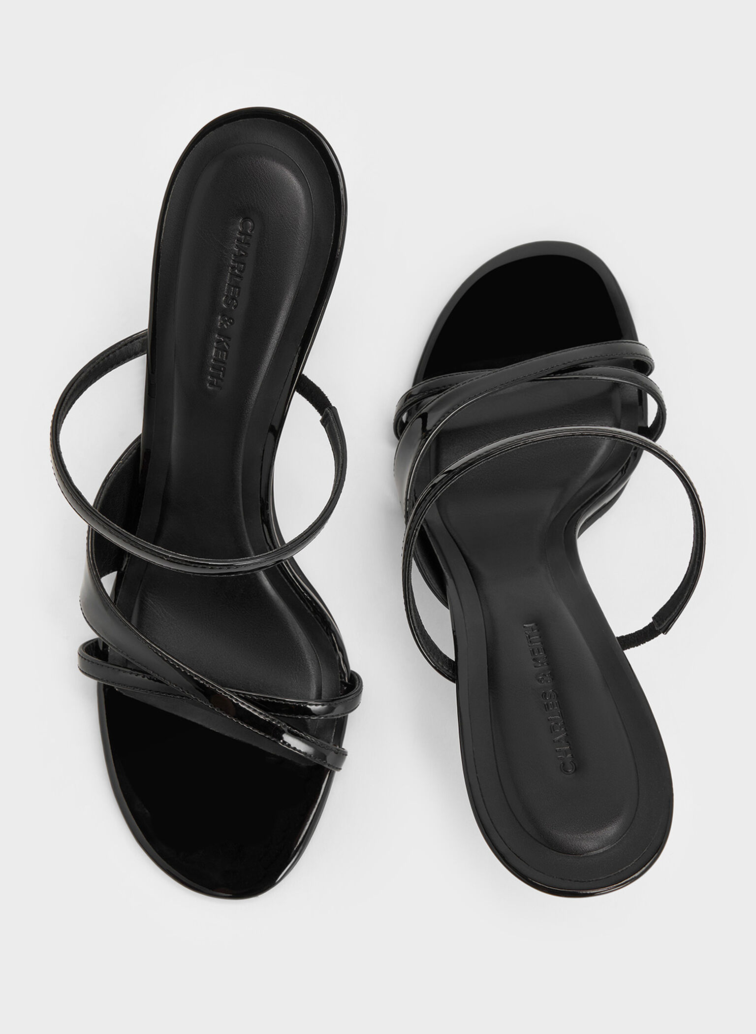 Patent Crossover Sculptural-Heel Strappy Mules, Black Patent, hi-res
