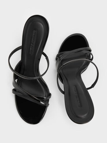 Patent Crossover Sculptural-Heel Strappy Mules, Black Patent, hi-res