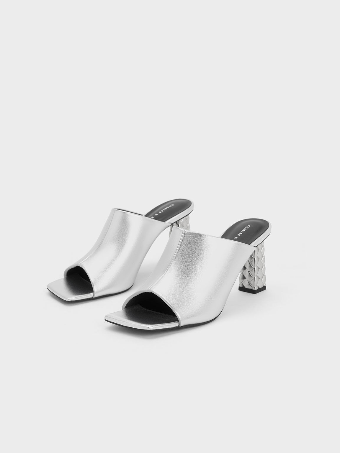 Open Toe Quilted Heel Mules Silver