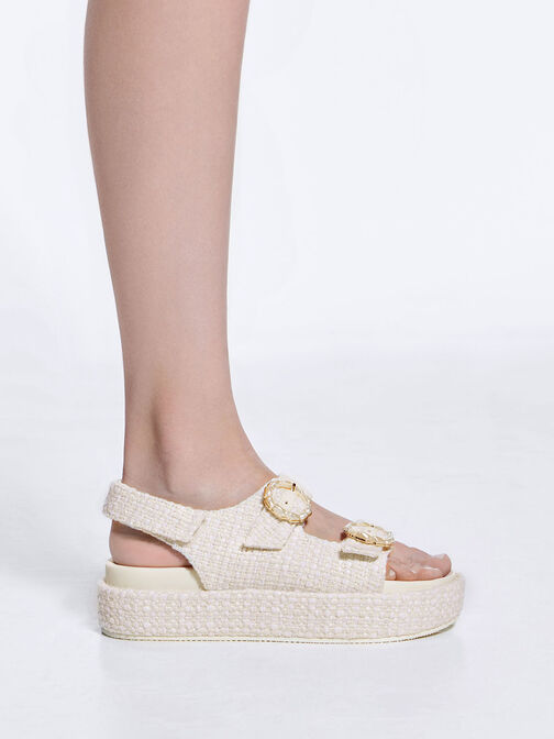 Tweed Pearl-Buckle Double Strap Sandals, Chalk, hi-res