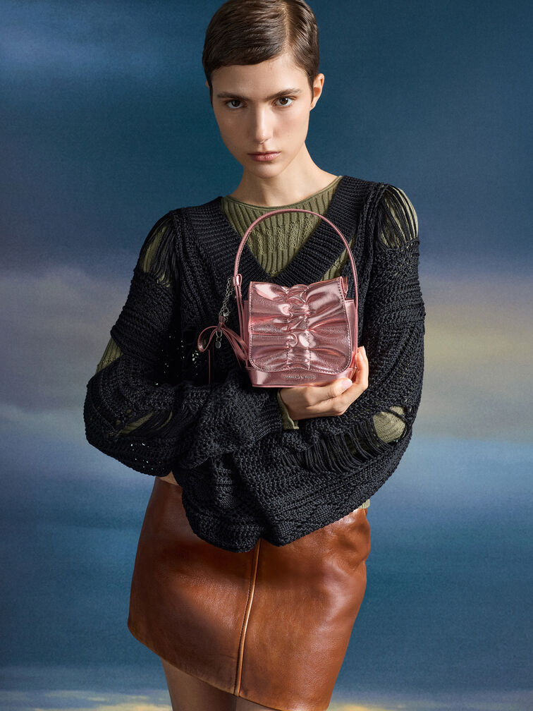 Kadee Metallic Bow-Charm Ruched Mini Bag, Aura Pink, hi-res