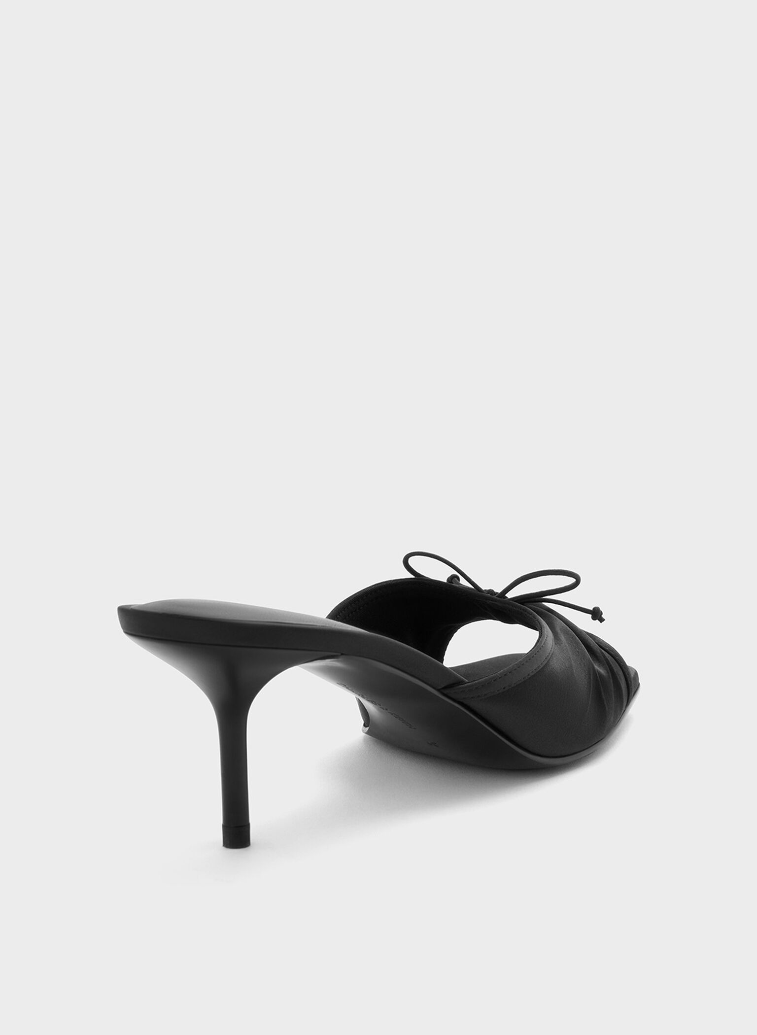 Satin Ruched Bow Heeled Mules, Black Textured, hi-res