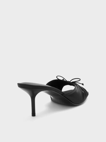 Satin Ruched Bow Heeled Mules, Black Textured, hi-res