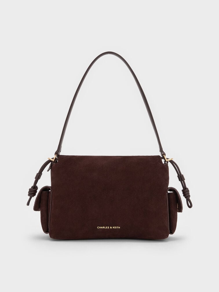 Khai Recycled Suede Ruched-Flap Side-Pocket Top Handle Bag, Espresso Brown, hi-res