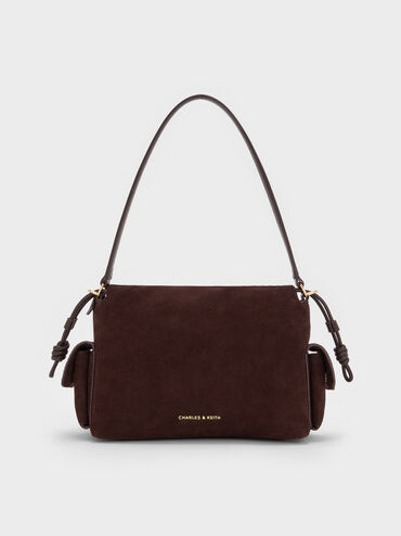 Khai Recycled Suede Ruched-Flap Side-Pocket Top Handle Bag, Espresso Brown, hi-res