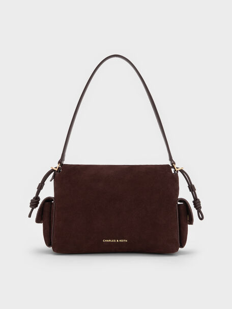 Khai Recycled Suede Ruched-Flap Side-Pocket Top Handle Bag, Espresso Brown, hi-res