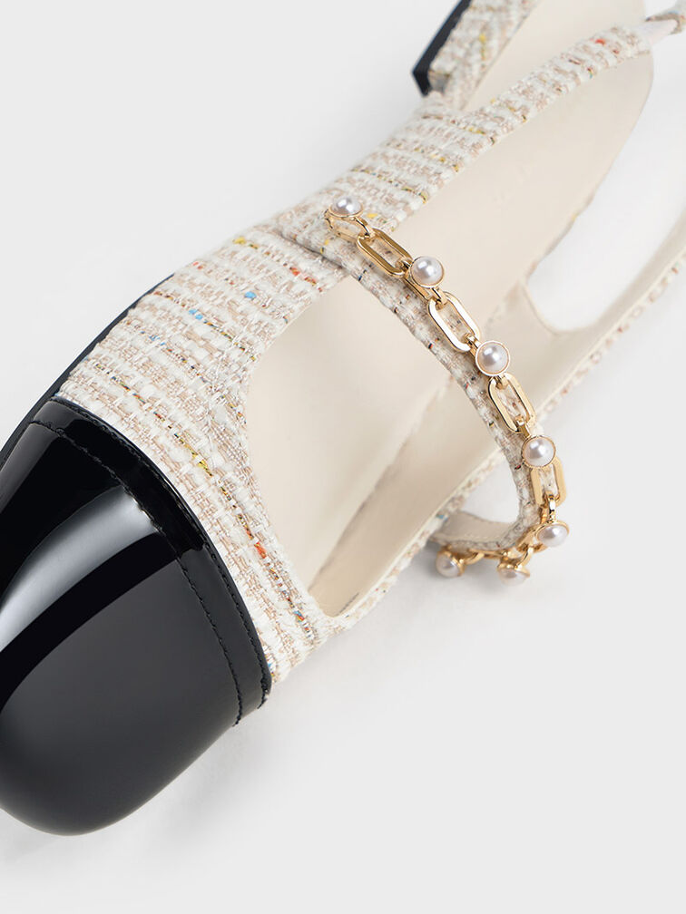 Rio Tweed Beaded Chain-Link Slingback Flats, Cream, hi-res