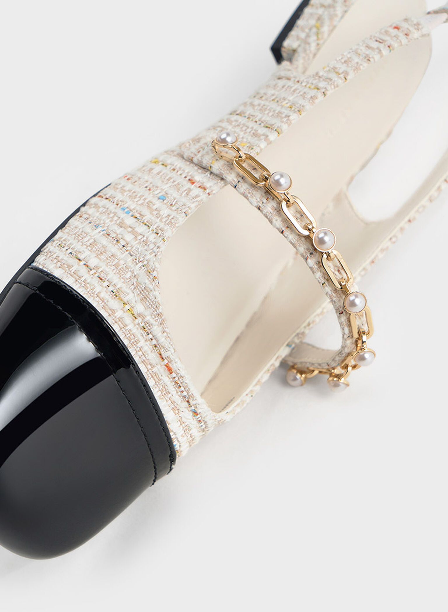 Rio Tweed Beaded Chain-Link Slingback Flats, Cream, hi-res