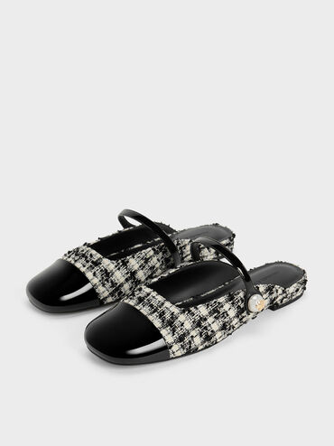 Aeryn Tweed Pearl Embellished Flat Mules, Black Textured, hi-res