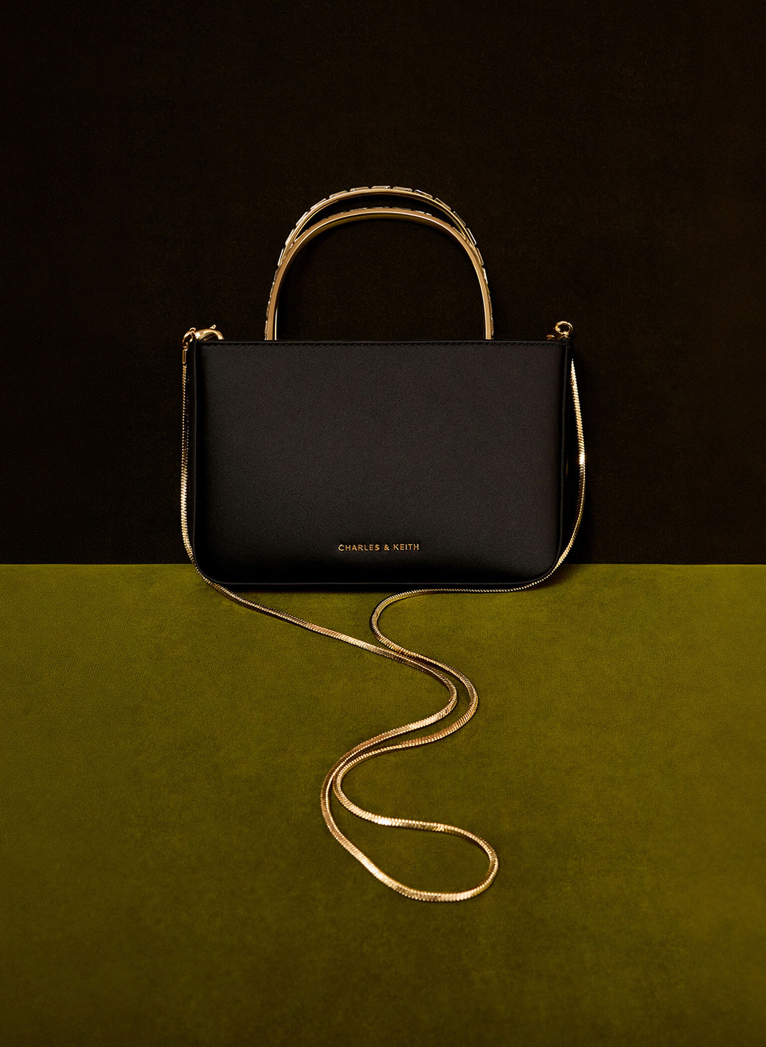 Satin Crystal-Embellished Top Handle Bag, Black, hi-res