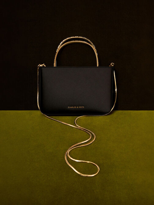 Satin Crystal-Embellished Top Handle Bag, Black, hi-res