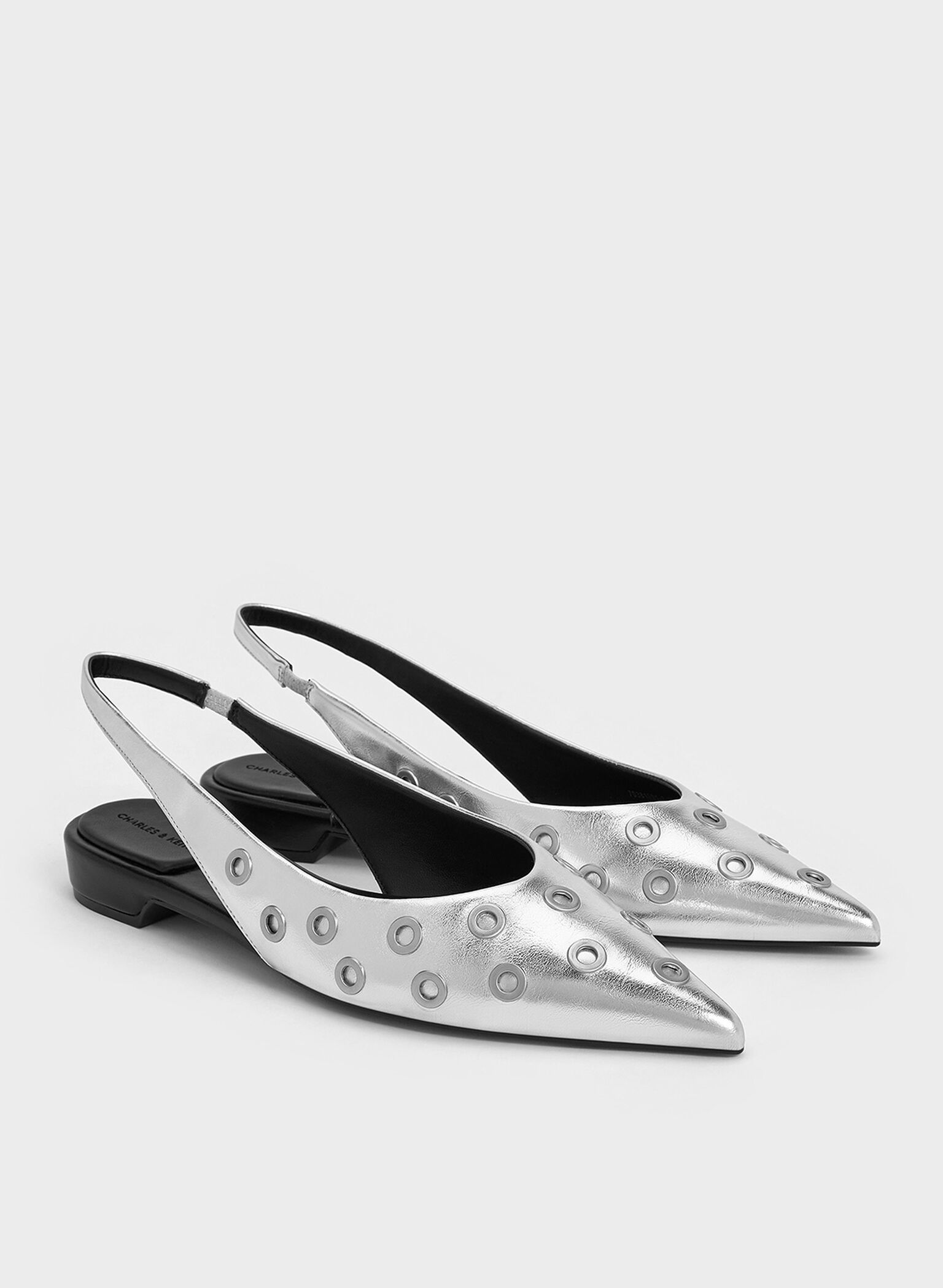 Metallic Grommet Pointed-Toe Slingback Flats, Silver, hi-res
