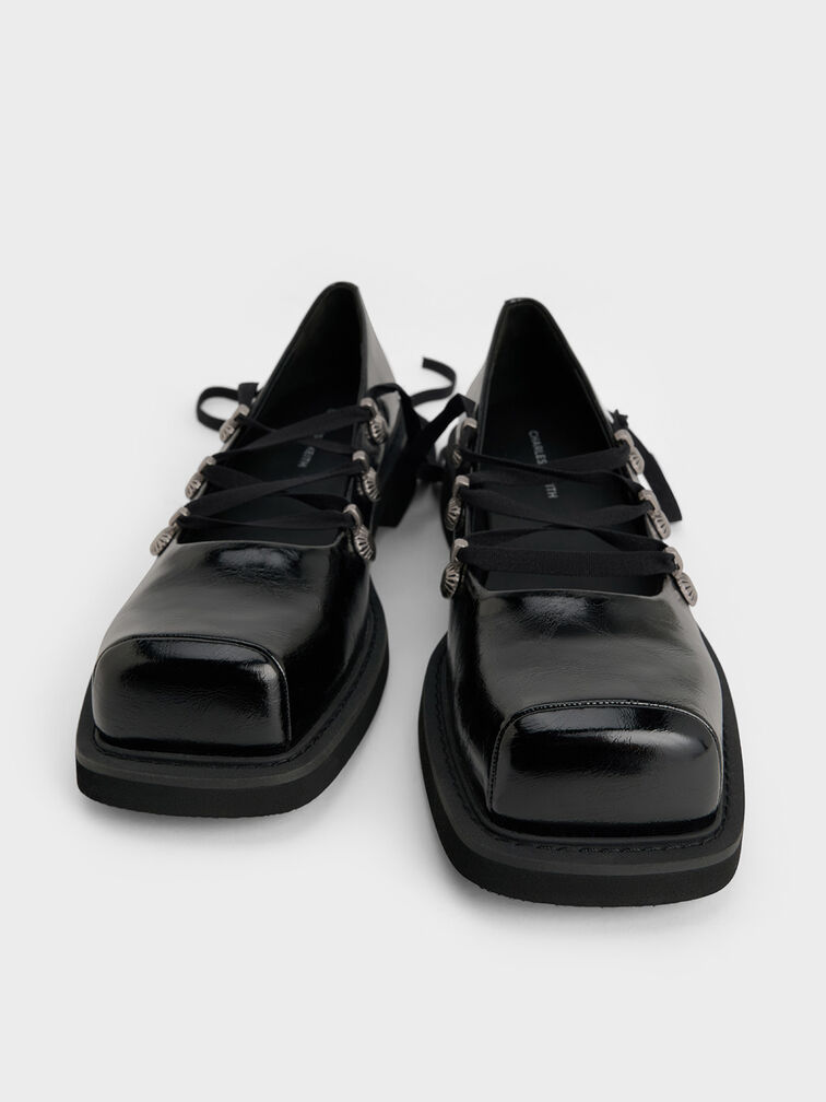 Heart-Embellished Lace-Up Ballet Flats, Black, hi-res