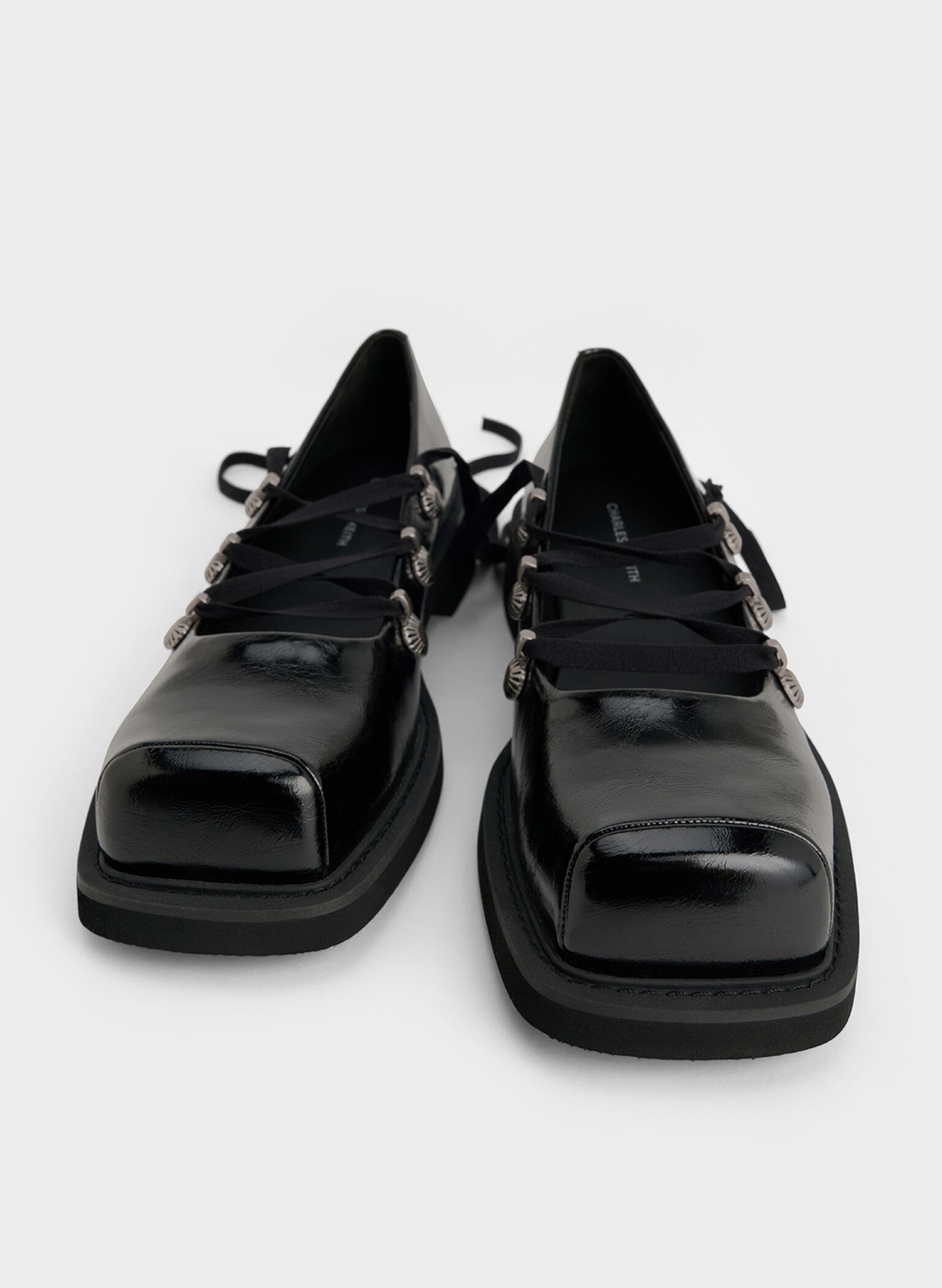 Heart-Embellished Lace-Up Ballet Flats, Black, hi-res