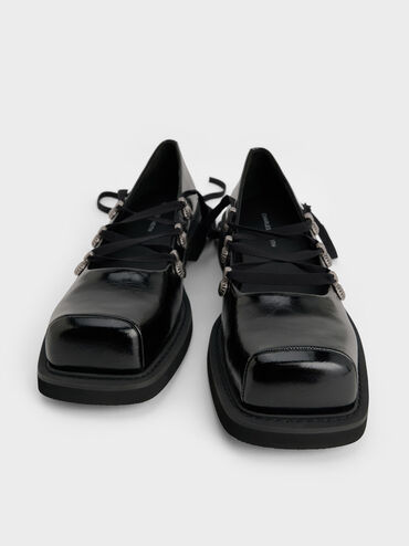 Heart-Embellished Lace-Up Ballet Flats, Black, hi-res