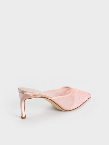 Mesh Sequinned Heeled Mules, Nude, hi-res