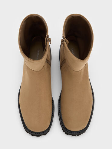 Devan Faux Suede Side-Zip Ridged-Sole Calf Boots, Camel, hi-res