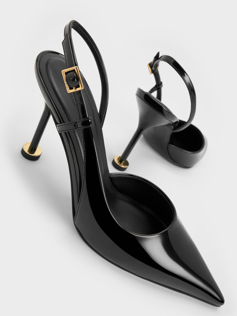 Patent Pointed-Toe Sculptural-Heel Slingback Pumps, Black Patent, hi-res