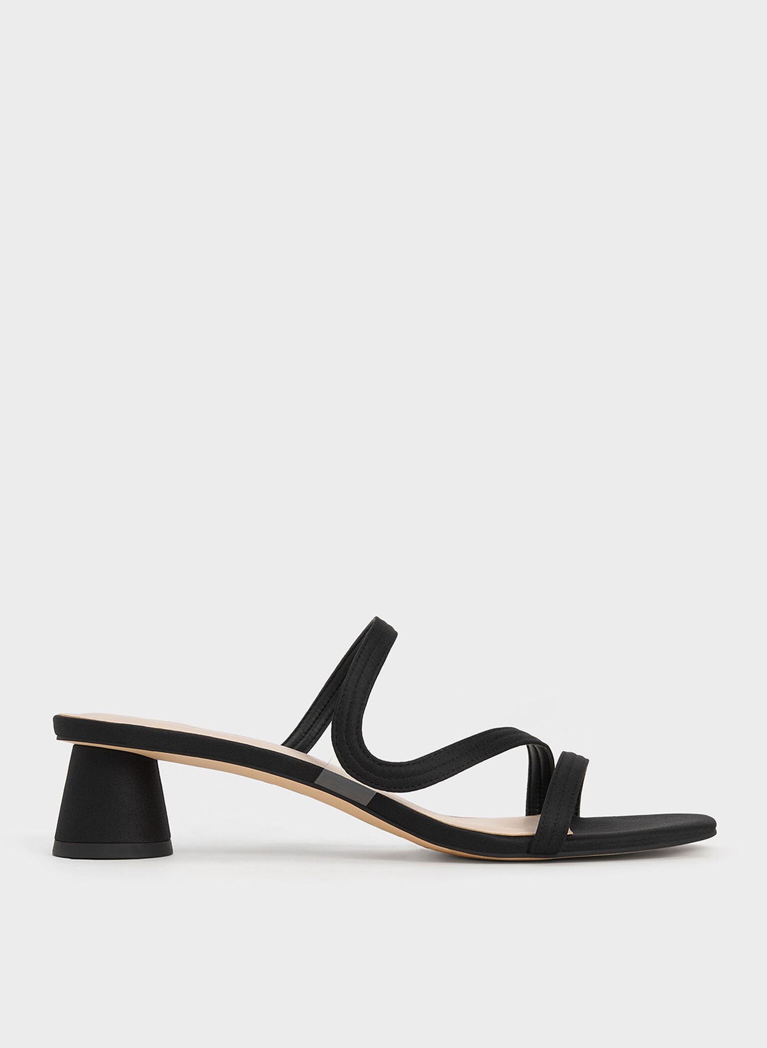 Arden Satin Wavy Strap Mules, Black, hi-res