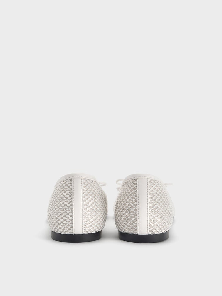 Mesh Square-Toe Bow Ballet Flats, White, hi-res
