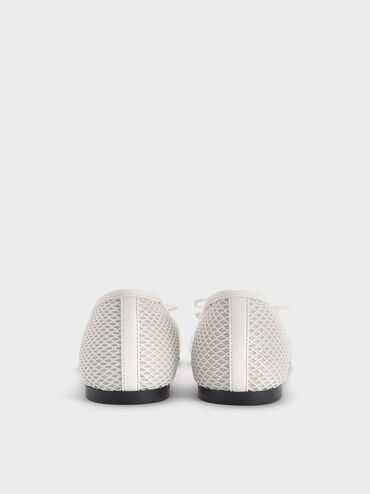 Mesh Square-Toe Bow Ballet Flats, White, hi-res