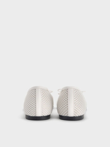 Mesh Square-Toe Bow Ballet Flats, White, hi-res