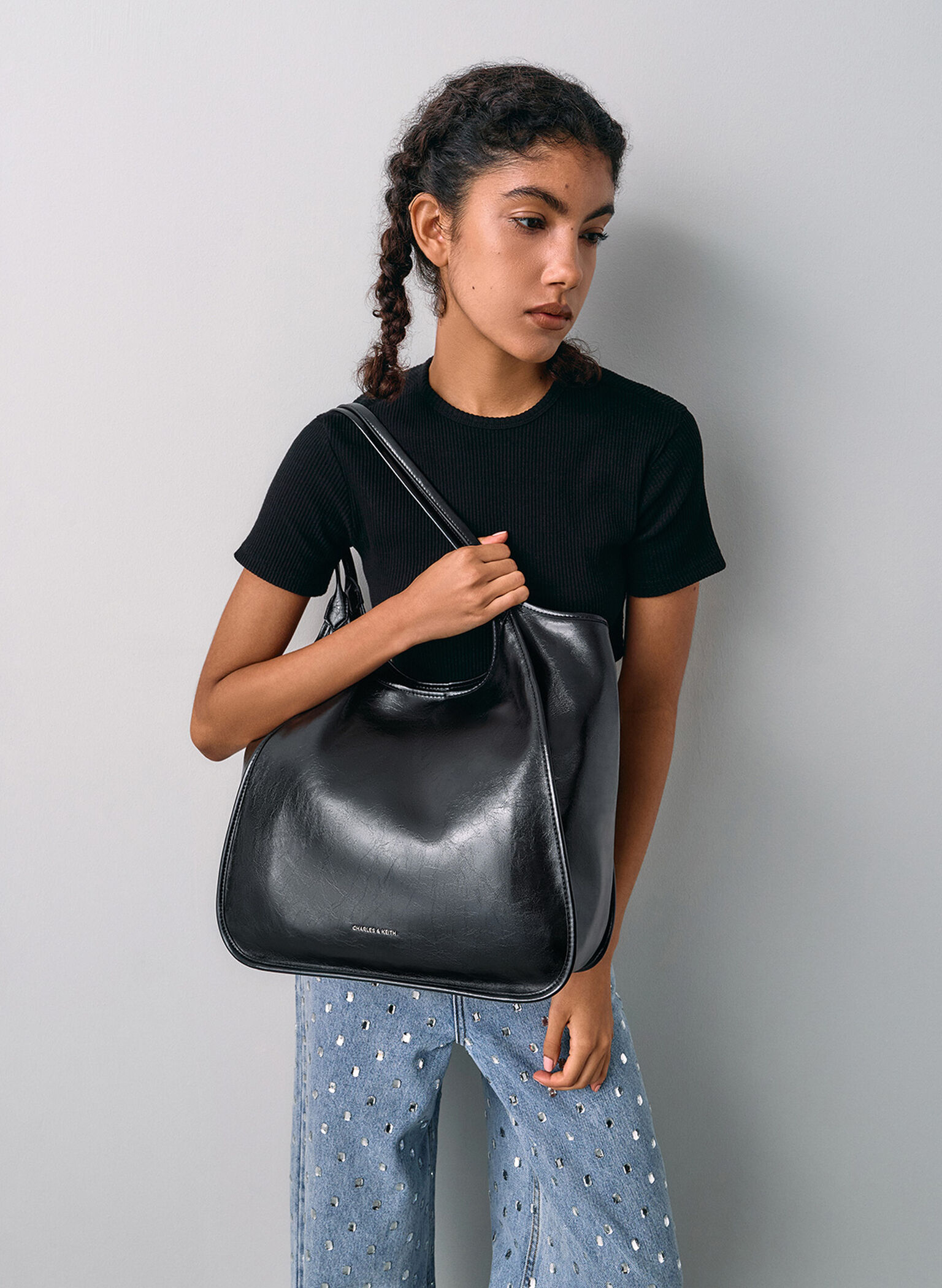 Sianna Crinkle-Effect Slouchy Tote Bag, Black, hi-res