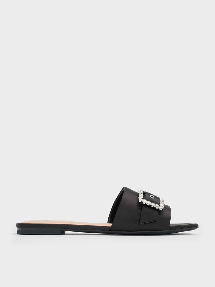 Satin Gem-Buckle Square-Toe Slide Sandals, Black Textured, hi-res