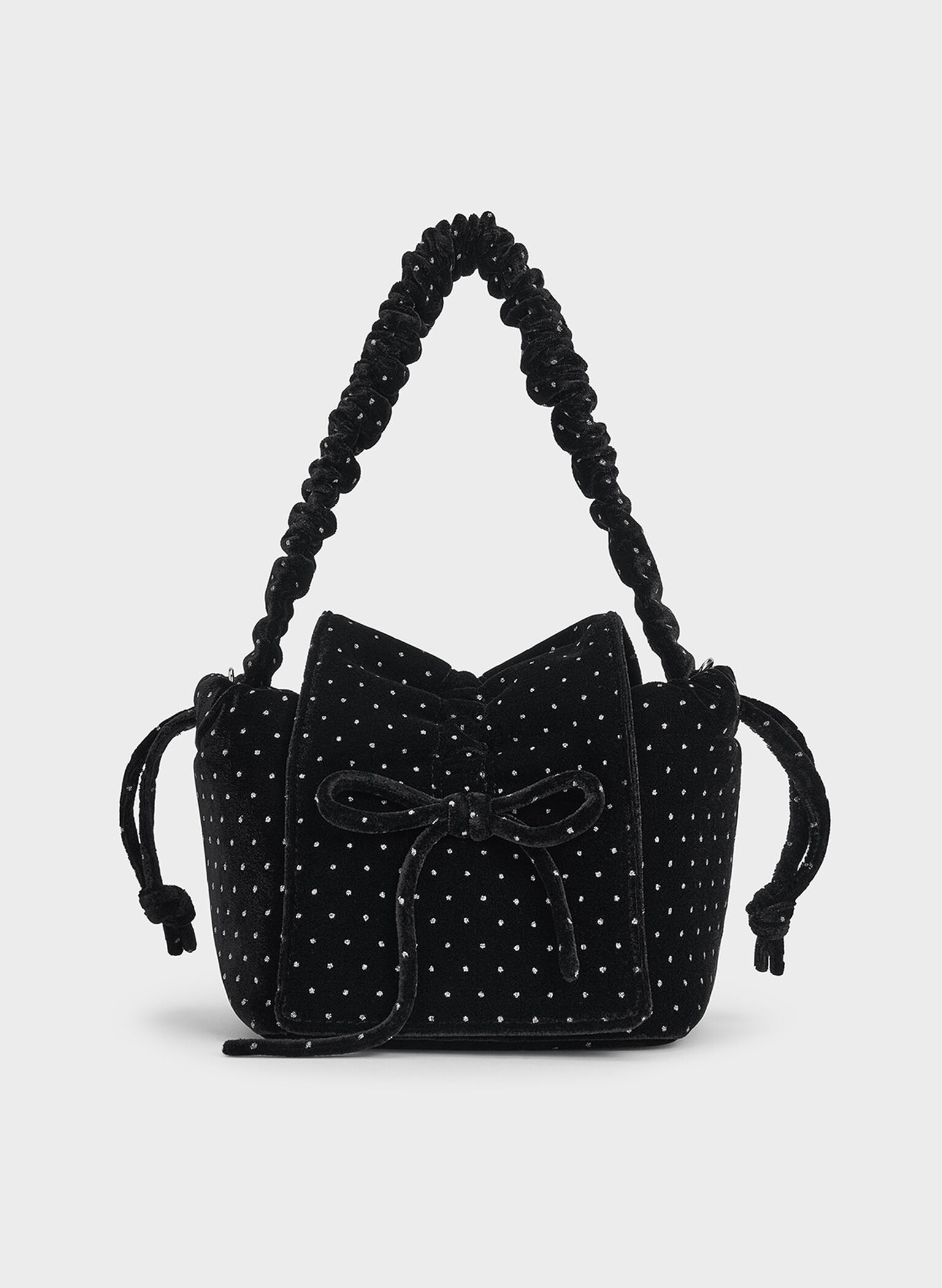 Velvet Dotted Bow Ruched Top Handle Bag, Black Textured, hi-res