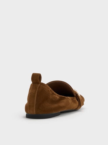 Cody Suede Metallic-Buckle Ruched Loafers, Brown, hi-res