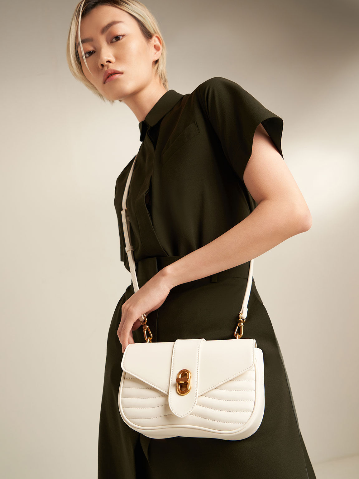 Aubrielle Chain-Handle Panelled Crossbody Bag, Cream, hi-res
