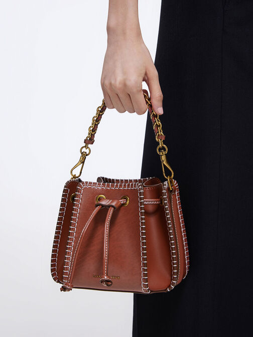 Circe Stitch-Trim Bucket Bag, Mocha, hi-res