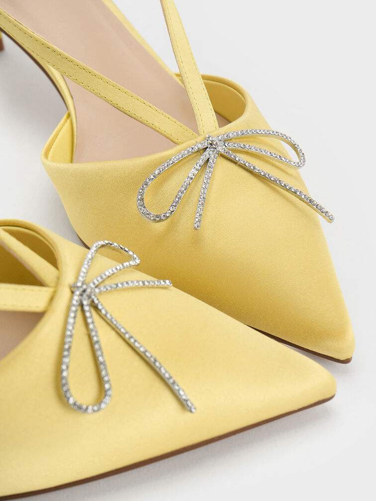 Recycled Polyester Crystal-Bow Kitten-Heel Slingback Pumps, Yellow, hi-res