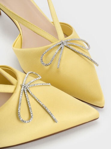 Recycled Polyester Crystal-Bow Kitten-Heel Slingback Pumps, Yellow, hi-res