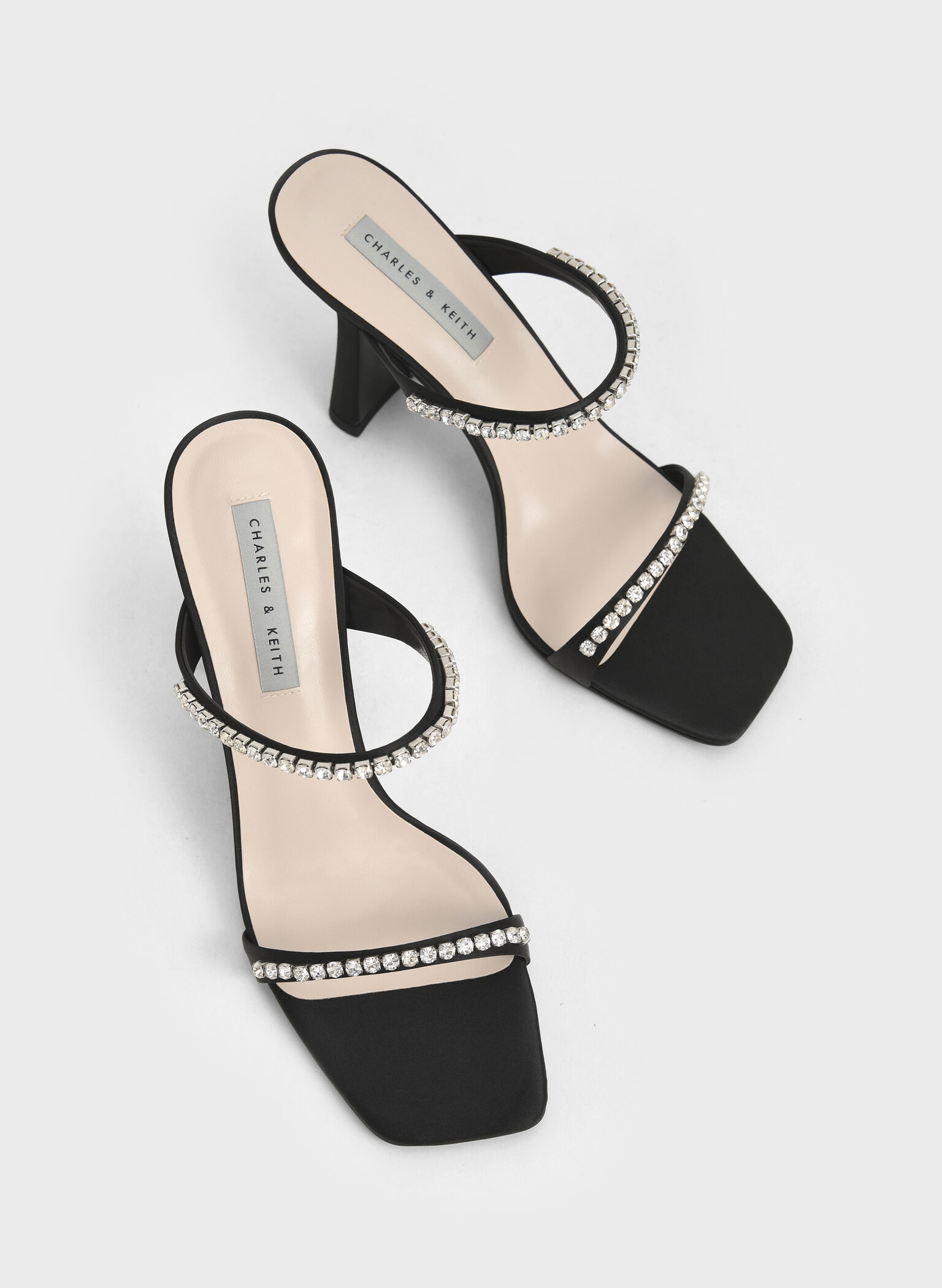 Satin Gem-Encrusted Heeled Sandals, Black, hi-res