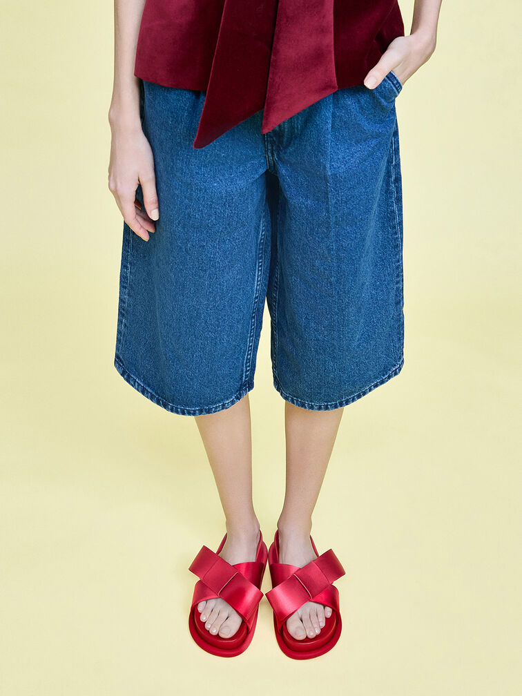 Satin Bow Flatform Sandals, Red, hi-res