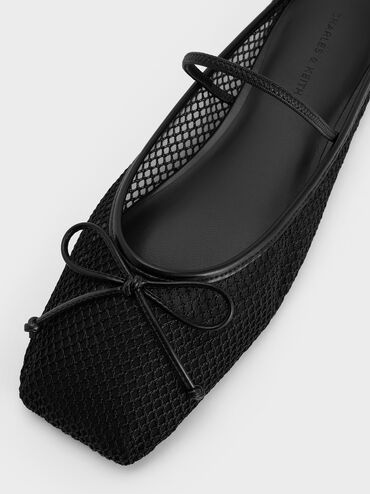 Mesh Bow Square-Toe Ballet Mules, Black Textured, hi-res