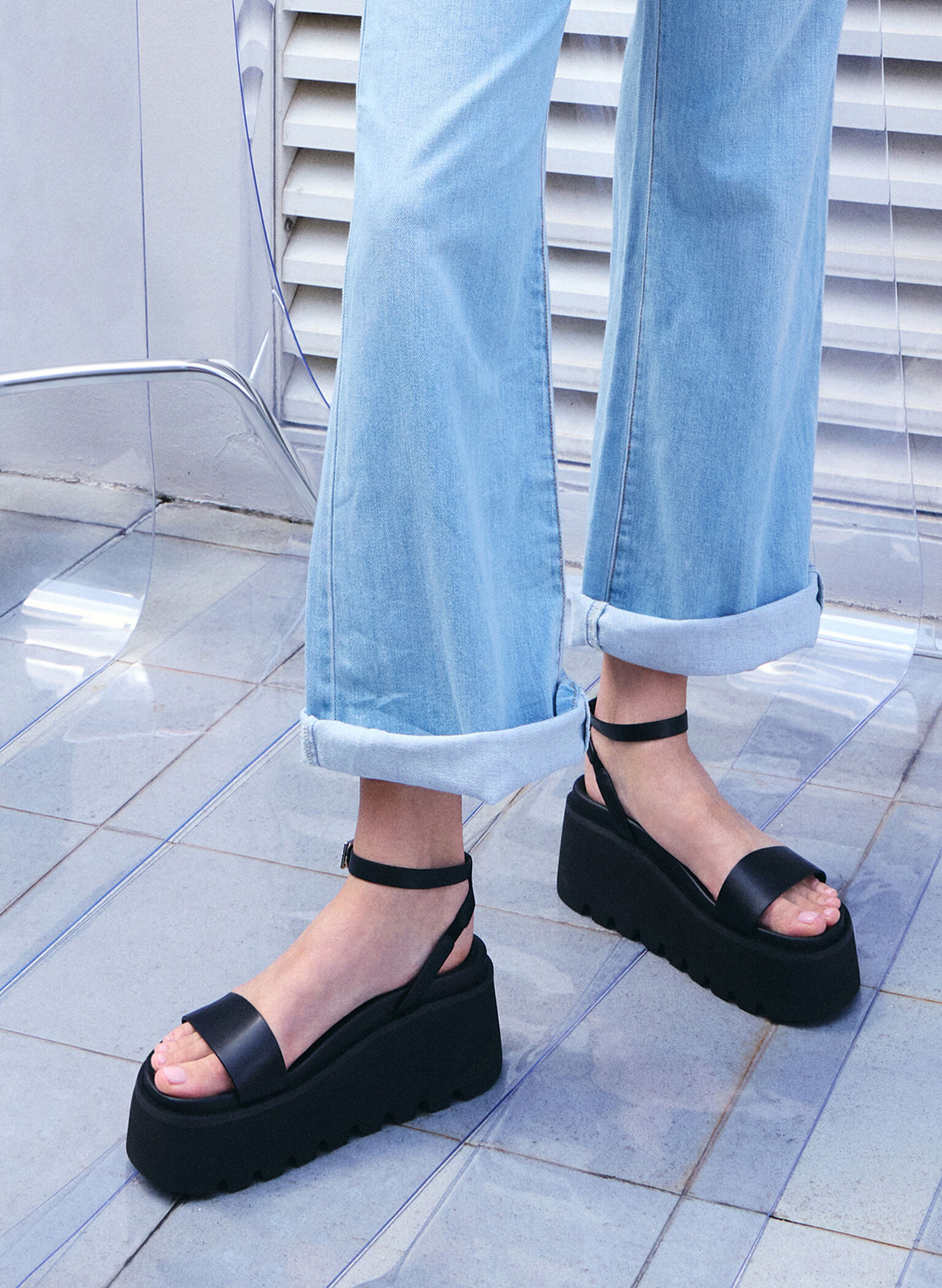 Ridged-Sole Ankle-Strap Flatform Sandals, Black, hi-res