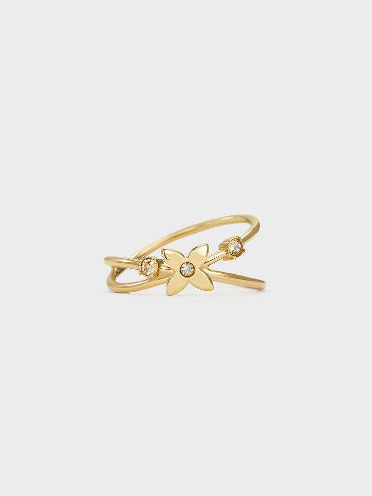 Felicity Flower-Motif Crystal Crossover Ring, Gold, hi-res