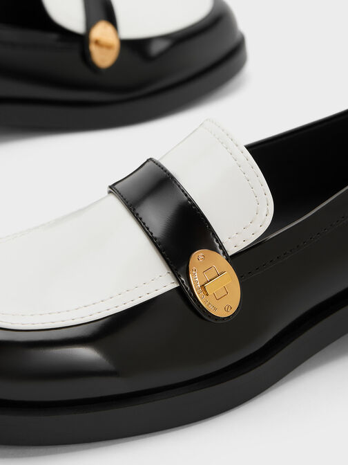 Two-Tone Metallic-Buckle Strap Loafers, Multi, hi-res